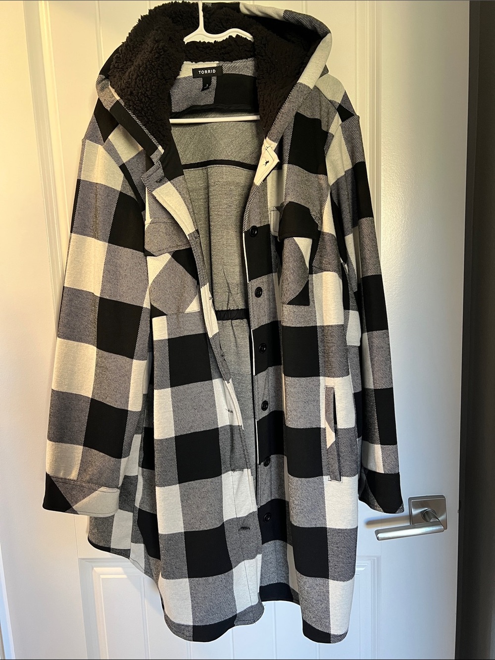 torrid Black, White & Gray Plaid Hooded Toggle Coat